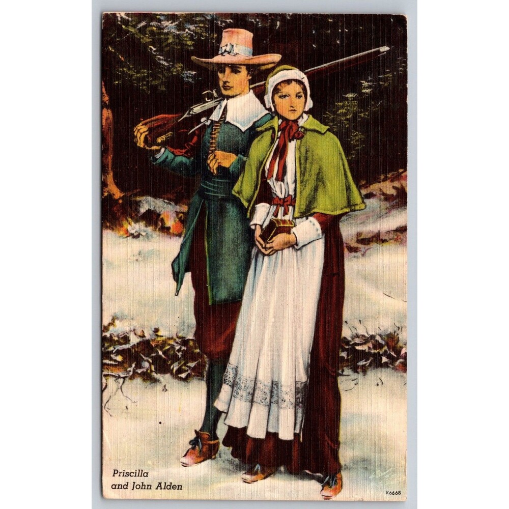 Postcard Priscilla and John Alden Bible Snow Musket Linen Posted 1961 Boston MA